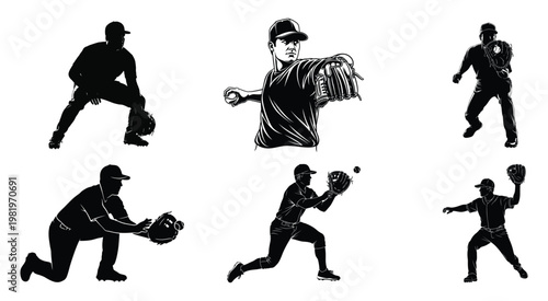 Set of baseball player silhouettes and detailed illustrations showing various game actions and throwing poses
