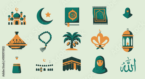 Islamic icons collection vector illustrations of cultural symbols and elements
