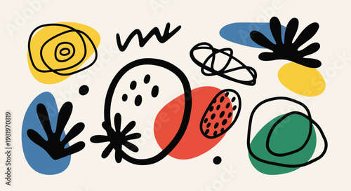 Vibrant abstract art pieces cover the entire colorful graphic design.