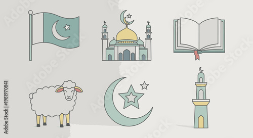 Islamic symbols and icons moon mosque flag book and sheep illustrations