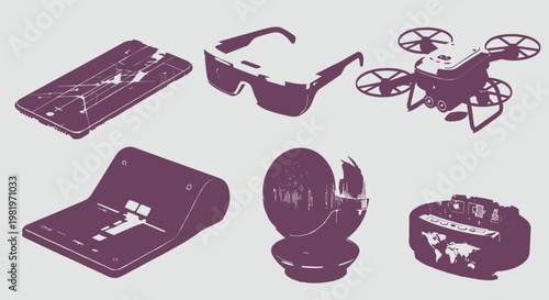 Isometric view of futuristic devices smartphone smart glasses drone and gadgets