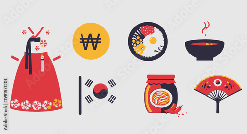 Korean cultural symbols illustration featuring traditional dress flag food and fan