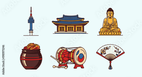 Korean cultural symbols illustration featuring landmarks and traditional objects