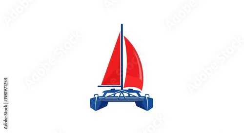 Modern Catamaran Sailboat with Red Sails on White Background