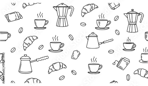 Minimal Coffee Doodle Seamless Pattern with Espresso Cups and Bakery Elements Vector