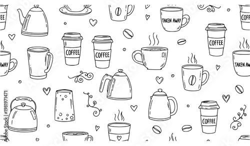 Coffee Time Doodle Seamless Pattern with Hand Drawn Cups and Beans Vector Illustration