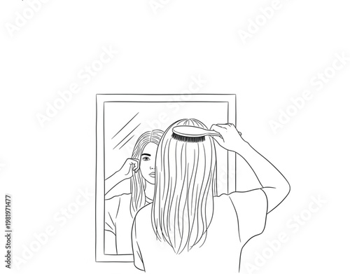 Vector illustration of woman styling hair, hair styling, beauty routine, long hair