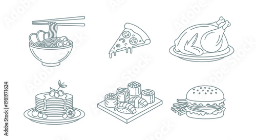 Line art food illustrations of noodles pizza fried chicken pancakes sushi and burger