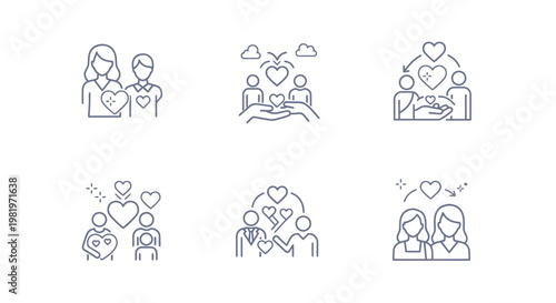 Line art illustrations depicting love relationships and unity