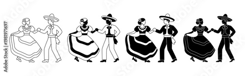 Mexican dancing couple icon set for Cinco de Mayo celebration cultural dance and festive themes