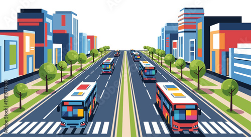 Vector illustration showing city streets with public transportation, depicting a row of buses traveling along a wide avenue with tall buildings in a modern, cartoon style and a vibrant