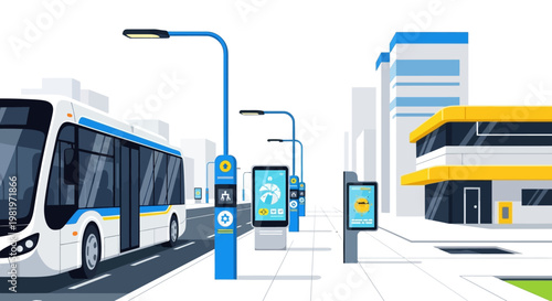 Vector illustration of a city bus driving on a street, with stylized people icons at a bus stop, presented in a bright, flat design style against an urban architectural background