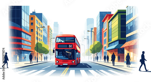 Vector illustration depicting a red double-decker bus on a city street with people, showcasing modern architecture and a bright, clean design conveying a sense of urban transportation