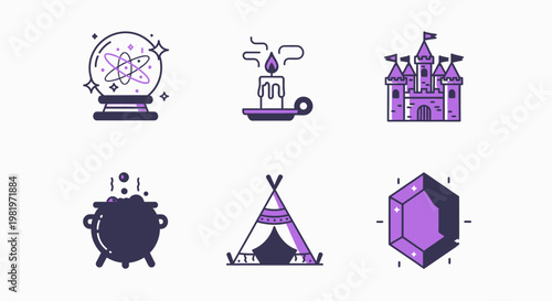 Magical icon set featuring crystal ball candle castle cauldron and gem