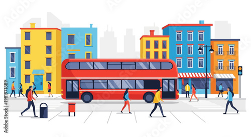 A vibrant vector illustration shows a red double-decker bus on a city street with pedestrians, depicted in a flat design style against colorful buildings with a lively and bustling urban