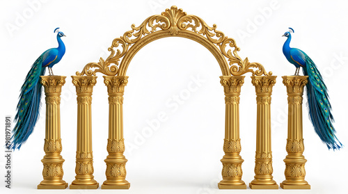 Ornate golden archway with majestic peacocks on pillars, luxury baroque architectural frame isolated on white background, 3D illustration.
