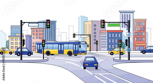 Vector illustration depicting a city bus navigating an intersection on a city street, surrounded by various colorful buildings and vehicles, all rendered in a clean, cartoon style