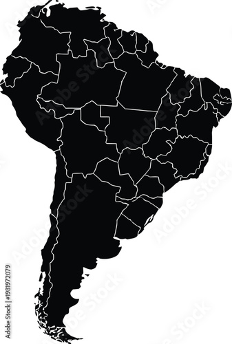 South American Silhouette, A stark silhouette of South America, the continent's diverse nations and topography are clearly defined.