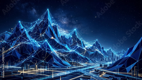 Digital Frontier Abstract Blue Mountains and Futuristic Cityscape Under a Starry Night Sky