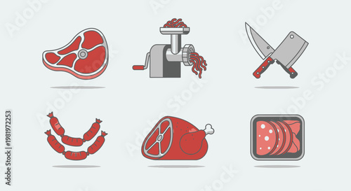 Meat cuts and butchery tools illustration set for food and culinary themes