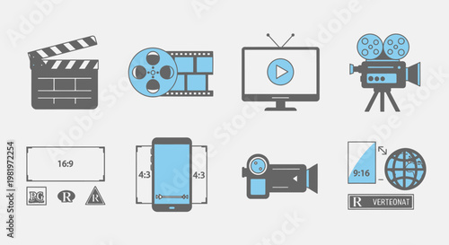 Media and video production icons film reel clapperboard television camera