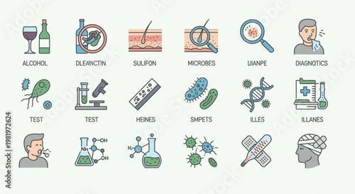 Medical icons alcohol skin microbes diagnostics and illness representations