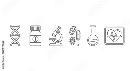Medical icons dna pills microscope bacteria flask and heart rate symbol