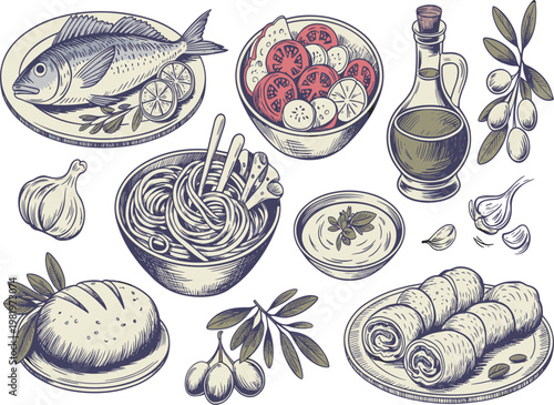 Mediterranean food vector set, hand drawn greek cuisine with fish, olive oil and traditional dishes
