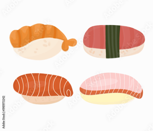 Set of delicious Japanese sushi nigiri and onigiri rice balls vector illustration in cute flat design style isolated on white background