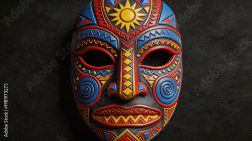 Cultural Mask's Story: An intricately detailed African mask tells a story through its vibrant colors, detailed carvings and symbolic design, representing the deep-rooted heritage of African culture. 