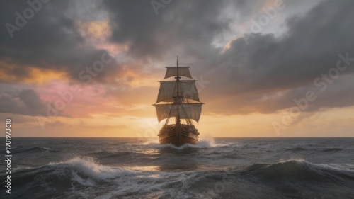 Sailing into the Horizon: A majestic old ship navigates the vast ocean under a dramatic sky, evoking a sense of adventure, exploration, and the enduring power of the sea.