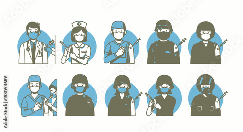Medical professionals and essential workers receiving vaccinations vector illustration