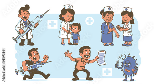 Medical professionals and patients interacting in healthcare illustration