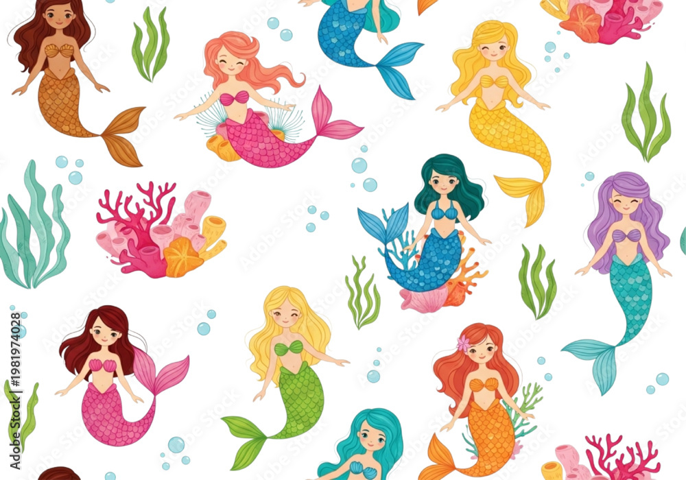 Fototapeta premium Whimsical Underwater Mermaid Characters and Coral Reef Scene with Colorful Seashells and Bubbles, Seamless Pattern