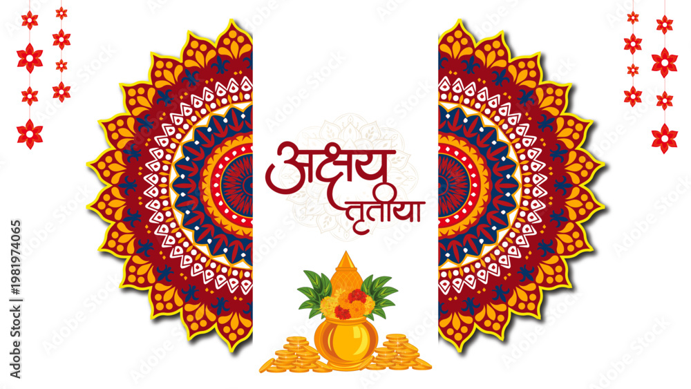 Fototapeta premium Akshaya Tritiya festival greeting background with golden coins, kalash, hanging lamps and floral decorations, red and gold traditional Indian design, auspicious Hindu celebration banner
