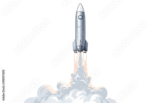 Rocket ship launching into space leaving behind a trail of smoke and fire, representing innovation and exploration