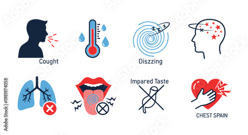 Medical symptoms icons illustrating illnesses and physical conditions