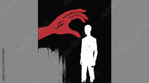 A big red hand will grab a thin white man in a suit art design now