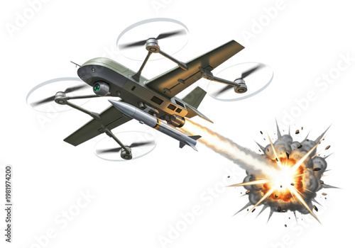 Aerial Drone in Combat Launching a Missile at an Explosive Target with a White Background, Illustrative Style