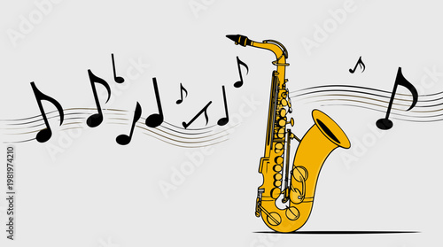 Gold sax music icon with note sign art line on grey base flat art tool