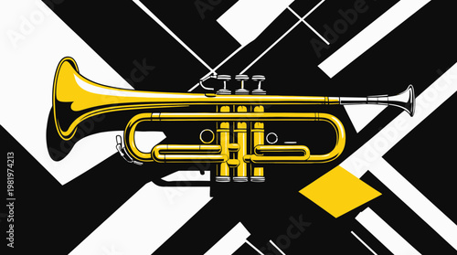Professional Golden Brass Trumpet Musical Instrument Graphic Vector Illustration On Abstract Geometric Black And White Pattern Background