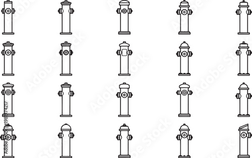 A collection of fire hydrants stands in neat rows, with their upright forms. Minimalistic black and white outlines offer a clean and modern design.