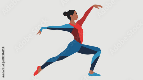 A slim girl does a fast ballet step in a red and blue gym leotard