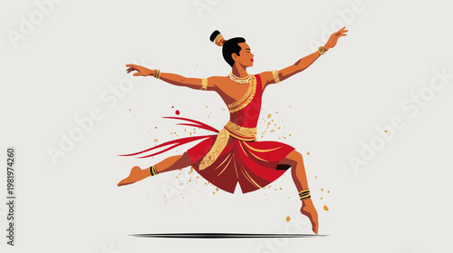 Traditional Asian Dancer Jumping in Midair Performance Art Expression