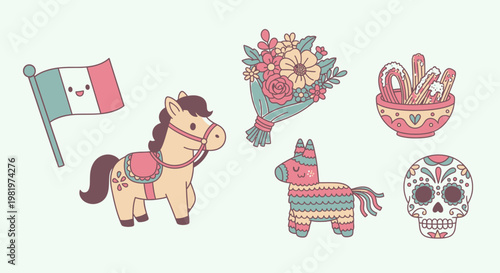 Mexican cultural elements flag horse bouquet pinata skull and snacks