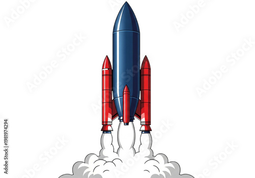 A blue and red rocket ship launching into space with white smoke billowing from its boosters against a white background, symbolizing exploration and advancement