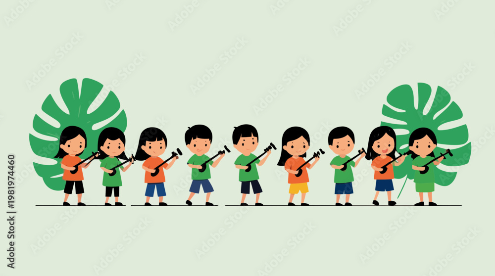 Fototapeta premium Diverse group of happy children playing traditional string instruments
