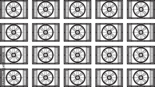 Industrial fans arranged in a symmetrical pattern, creating a visually striking display of engineering. The fans showcase a unique geometric arrangement.