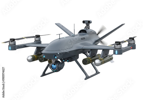 Advanced unmanned aerial combat vehicle equipped with surveillance camera and weaponry for tactical military operations and strategic defense