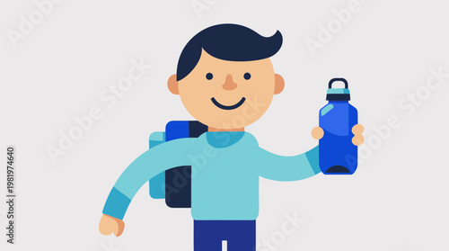 Happy boy with a blue bag and a water bottle is ready for a trip